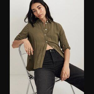 Madewell Desert Olive Green Crinkled Button-Up Shirt XS